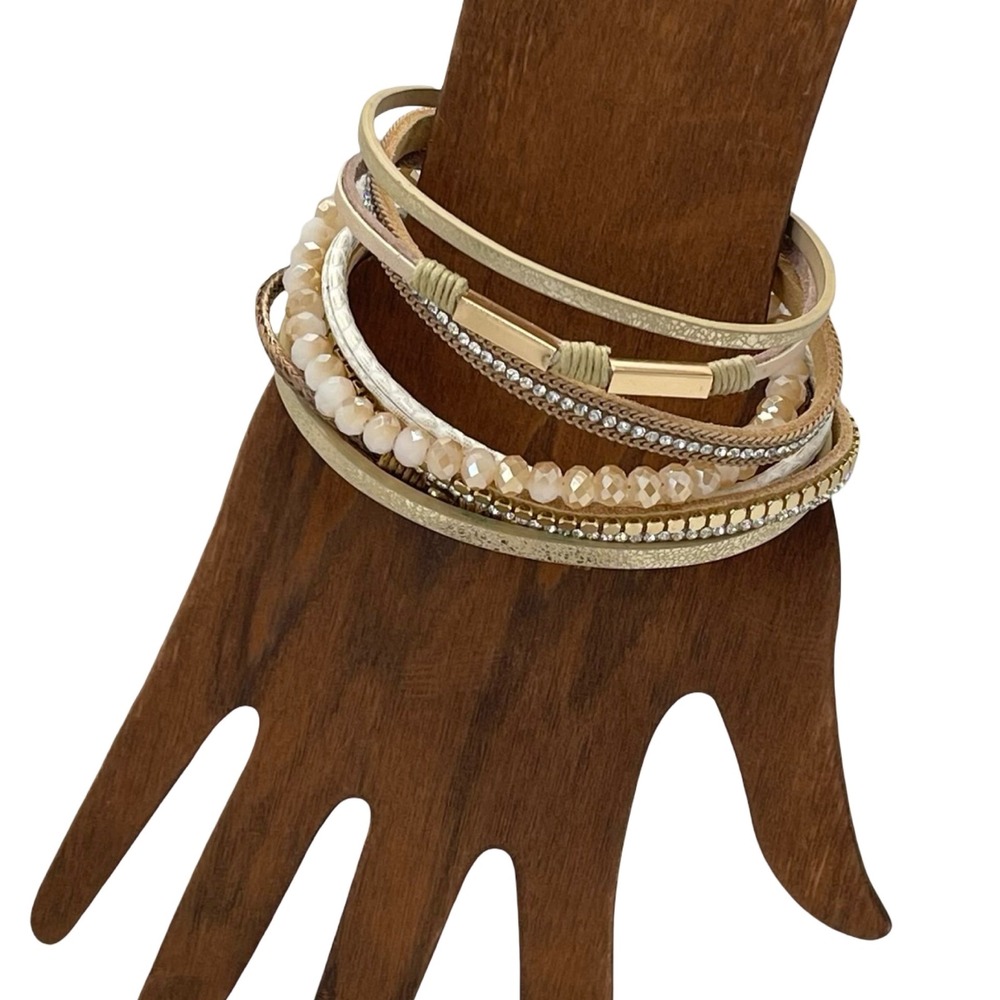 Boho Multi Strand Layered Magnetic Clasp Bracelet Gold Rhinestone Beaded Neutral